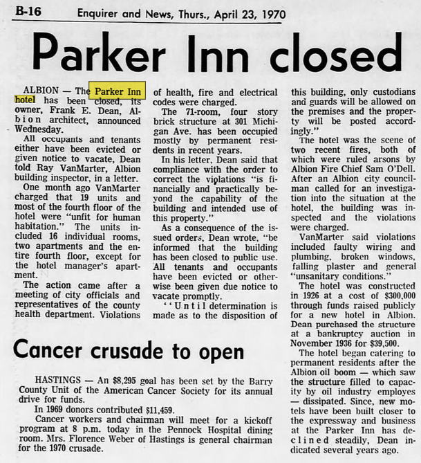 Parker Inn Hotel (Munger Place Apartments) - 1970 Article On Closing
